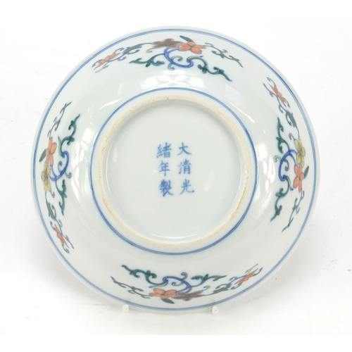 347 - Chinese doucai porcelain shallow bowl hand painted with flowers, six figure character marks to the b... 