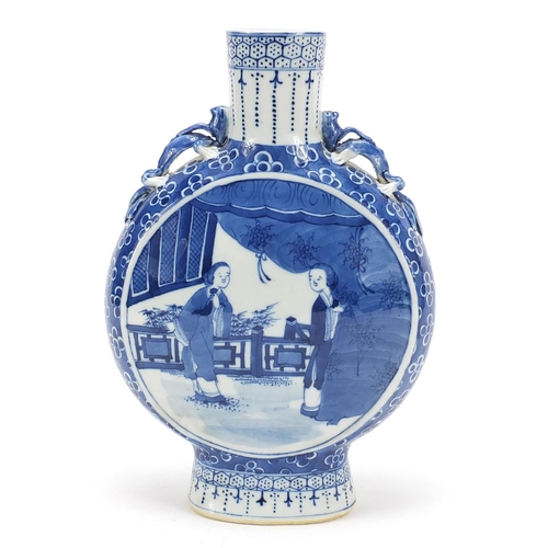 32 - Chinese blue and white porcelain moon flask with animalia twin handles, hand painted with prunus flo... 