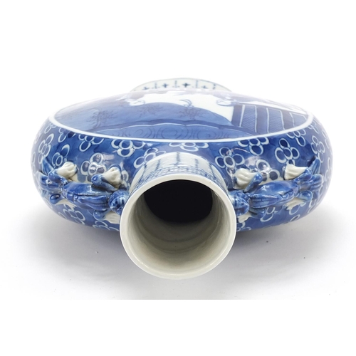 32 - Chinese blue and white porcelain moon flask with animalia twin handles, hand painted with prunus flo... 