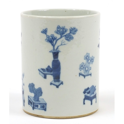 569 - Chinese porcelain brush pot hand painted with still life, 14.5cm high