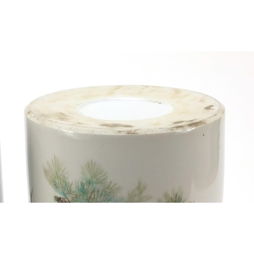 660 - Pair of Chinese porcelain cylindrical vases hand painted with cranes amongst pine trees, 28.5cm high