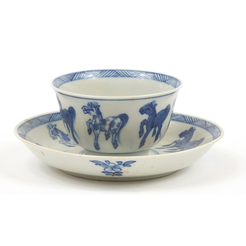 818 - Chinese blue and white porcelain tea bowl and saucer hand painted with horses, the largest 11.5cm in... 