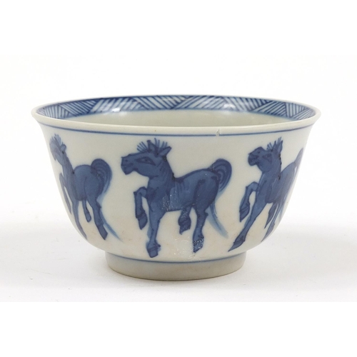 818 - Chinese blue and white porcelain tea bowl and saucer hand painted with horses, the largest 11.5cm in... 