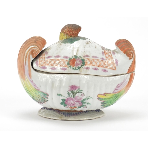 227 - Chinese porcelain sauce tureen and cover with naturalistic finial, hand painted in the famille rose ... 