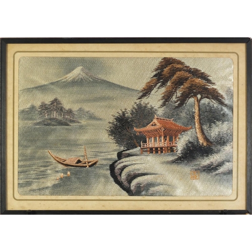 455 - Chinese silk work picture embroidered with moored fishing boat in a mountain landscape, mounted, fra... 