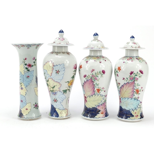 341 - Chinese porcelain four piece garniture comprising three baluster vases with covers and a cylindrical... 