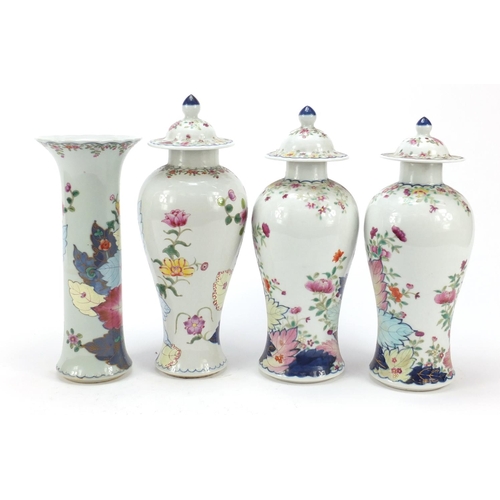 341 - Chinese porcelain four piece garniture comprising three baluster vases with covers and a cylindrical... 