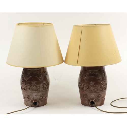 1920 - Pair of salt glaze barrel design table lamps with shades,  overall 53cm high