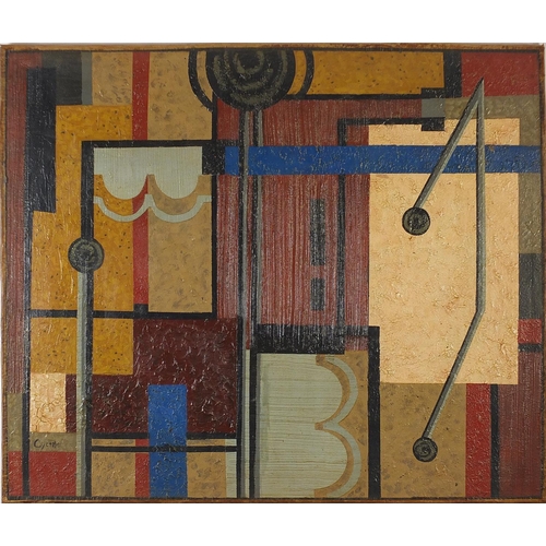 41 - Abstract composition, geometric shapes, Continental school oil on board, unframed, 94cm x 79cm