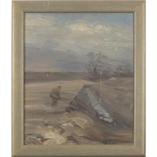 749 - Anthony Day - Winter dredging, oil on board, inscribed label verso, framed, 31cm x 26cm excluding th... 