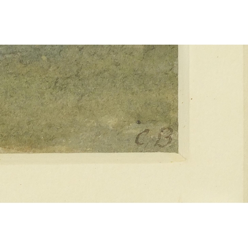 331 - Bridge and path in a Northern landscape, 19th century English school watercolour bearing a monogram ... 