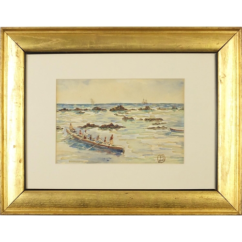 179 - Turkish marine scene with boat and oarsmen in foreground, watercolour, mounted, framed and glazed, 2... 