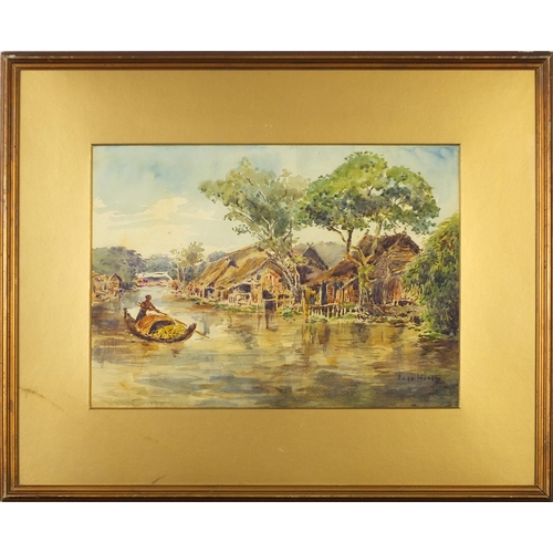 1047 - Major Edgar E Husey - Bangkok river, signed watercolour, inscribed label verso, mounted, framed and ... 