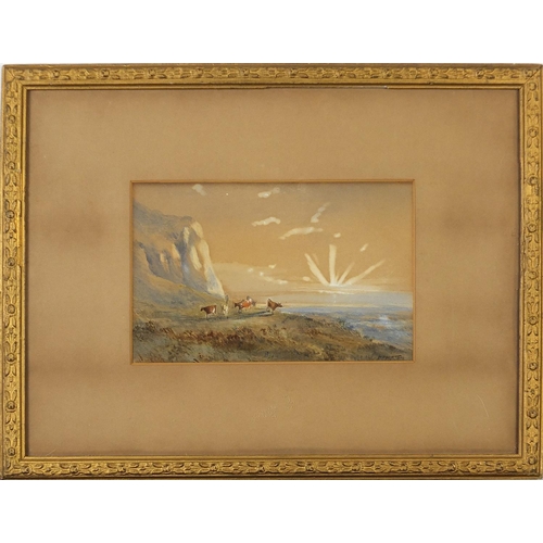 1054 - Elliot H Martin - Cows on hillside at sunset, Victorian signed watercolour, mounted, framed and glaz... 