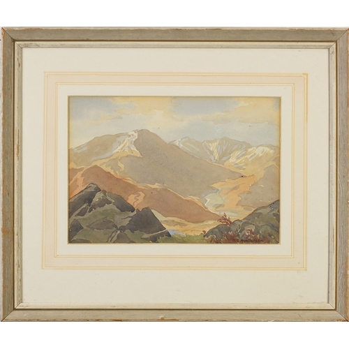 591 - Katherine G Henderson - Wetherlam from Lingmoor Fell, signed watercolour, inscribed label verso, mou... 