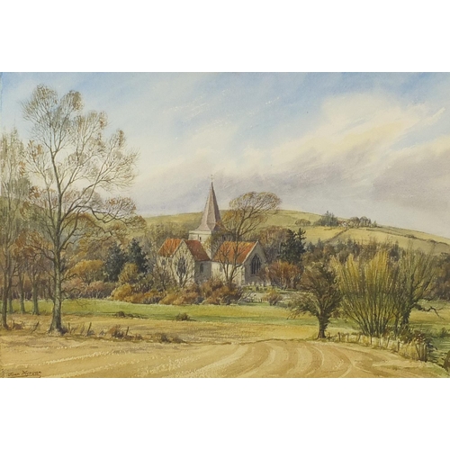 112 - Joan Morgan - Alfriston Church, watercolour, Stacy Marks label verso,  mounted, framed and glazed, 5... 