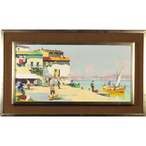 38 - Cecil Rochfort D'oyly-John - Continental harbour, oil on canvas, mounted and framed, 70cm x 35cm exc... 