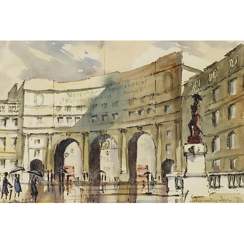 1156 - Roy Pettitt - Admiralty Arch and Sir Winston Churchill Statue, two watercolours, mounted, framed and... 