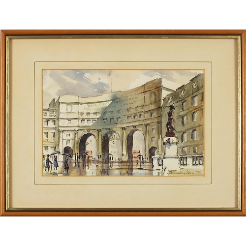 1156 - Roy Pettitt - Admiralty Arch and Sir Winston Churchill Statue, two watercolours, mounted, framed and... 