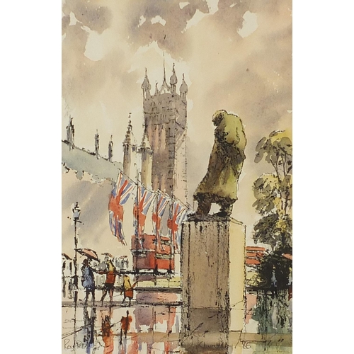 1156 - Roy Pettitt - Admiralty Arch and Sir Winston Churchill Statue, two watercolours, mounted, framed and... 