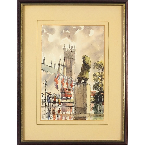 1156 - Roy Pettitt - Admiralty Arch and Sir Winston Churchill Statue, two watercolours, mounted, framed and... 