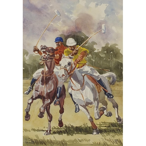 1252 - Roy Pettitt - Polo, watercolour, mounted, framed and glazed, 35cm x 24.5cm excluding the mount and f... 