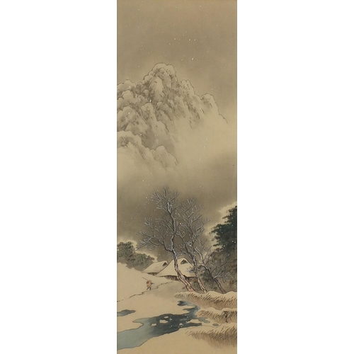 454 - Winter snowy landscape, fishermen in a boat, pair of Chinese watercolours on silk, mounted, framed a... 