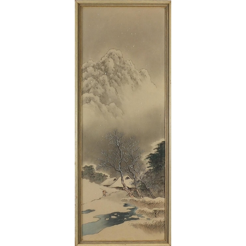 454 - Winter snowy landscape, fishermen in a boat, pair of Chinese watercolours on silk, mounted, framed a... 