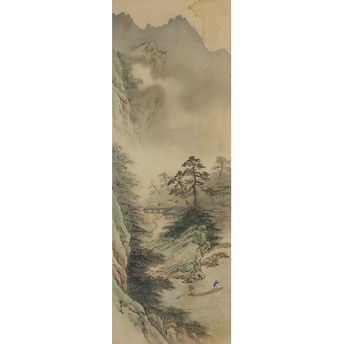 454 - Winter snowy landscape, fishermen in a boat, pair of Chinese watercolours on silk, mounted, framed a... 