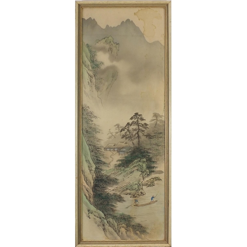 454 - Winter snowy landscape, fishermen in a boat, pair of Chinese watercolours on silk, mounted, framed a... 