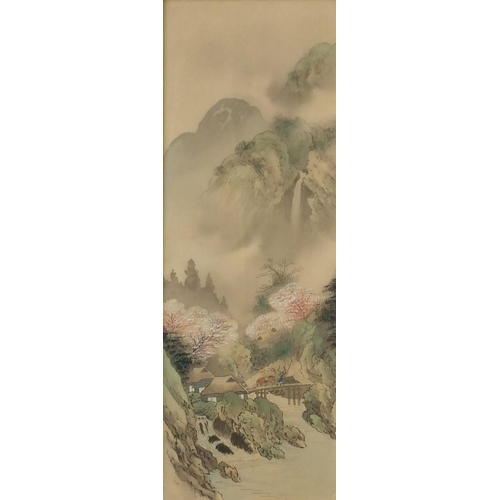 453 - River landscape with figure crossing bridge and one other, pair of Chinese watercolours on silk, mou... 