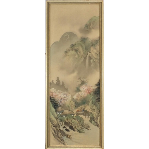 453 - River landscape with figure crossing bridge and one other, pair of Chinese watercolours on silk, mou... 