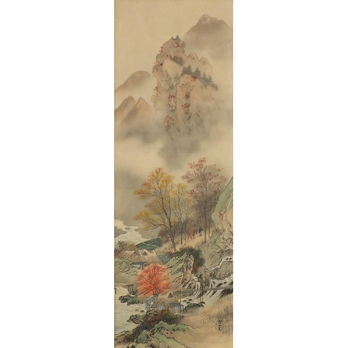 453 - River landscape with figure crossing bridge and one other, pair of Chinese watercolours on silk, mou... 