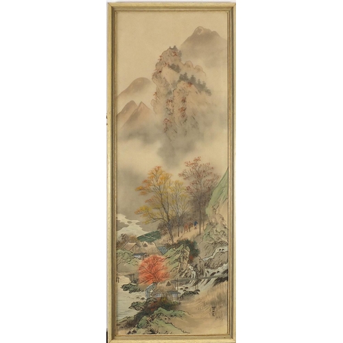 453 - River landscape with figure crossing bridge and one other, pair of Chinese watercolours on silk, mou... 