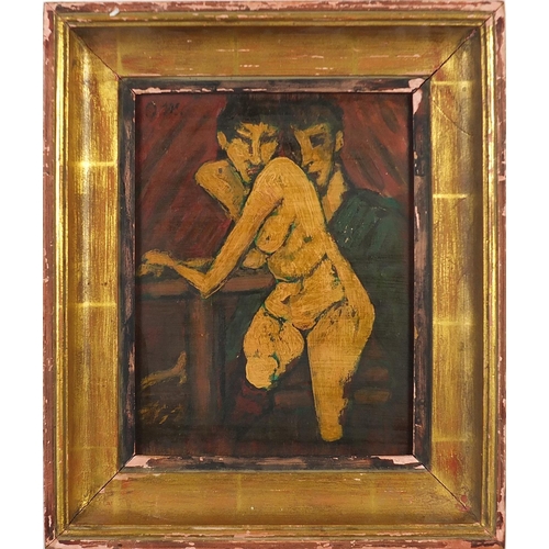 147 - Figure with seated nude female, oil on wood panel, mounted and framed, 26cm x 20cm excluding the fra... 