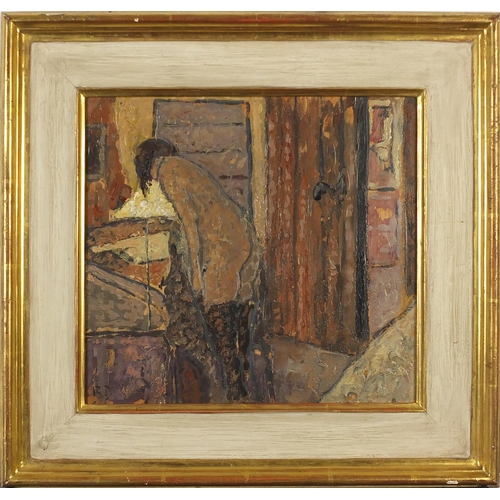 1055 - Manner of Bernard Dunston - The Doorway, interior scene with nude female, Camden school oil on board... 