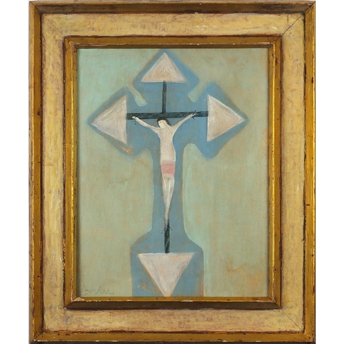 750 - Surreal crucifixion depiction, oil on board, framed, 48.5cm x 37cm excluding the frame