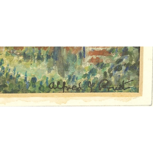 856 - Alfred J Prast - Figure and sheep in wood, watercolour, mounted, framed and glazed, 26cm x 20cm excl... 