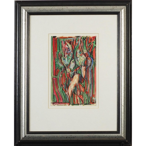 858 - Viran Garabedin - Surreal figure, watercolour on paper, mounted, framed and glazed, 21cm x 13cm excl... 