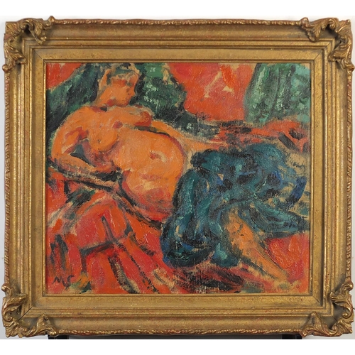 1051 - Reclining nude female, Post-Impressionist oil on board, mounted and framed, 34cm x 29cm excluding th... 