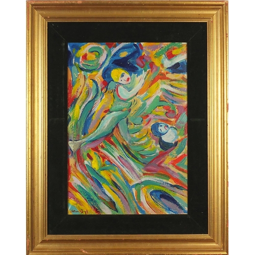 746 - Abstract composition, surreal figures, oil on canvas, mounted and framed, 46.5cm x 31.5cm excluding ... 