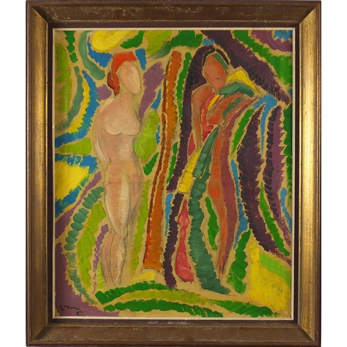 675 - Abstract composition, Adam and Eve, oil on canvas, mounted and framed, 59.5cm x 47cm