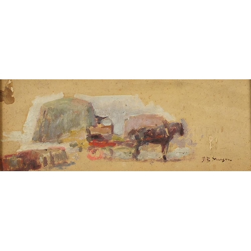 330 - Horse and cart, oil sketch on board, mounted and framed, 22.5cm x 8.5cm excluding the mount and fram... 