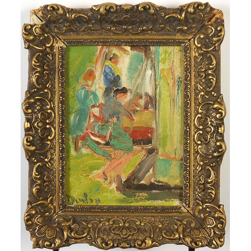 813 - After Ronald Ossory Dunlop - Figures in an interior, Impressionist oil on board, framed, 19cm x 13.5... 