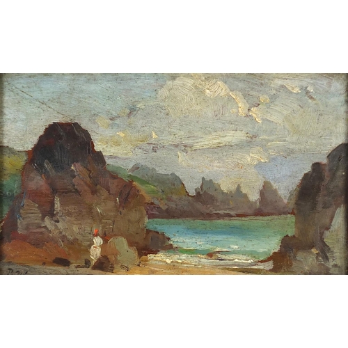 252 - Coastal scene with figure, oil on board, mounted and framed, 22.5cm x 13.5cm excluding the mount and... 