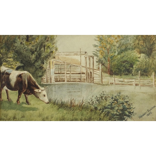 536 - Herbert Buxton 1897 - Cow beside water, watercolour, mounted, framed and glazed, 34cm x 19cm excludi... 