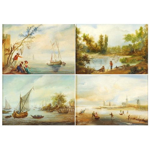 148 - Landscapes including harbour scene and Dutch landscape with windmills, four Old Master style oil on ... 