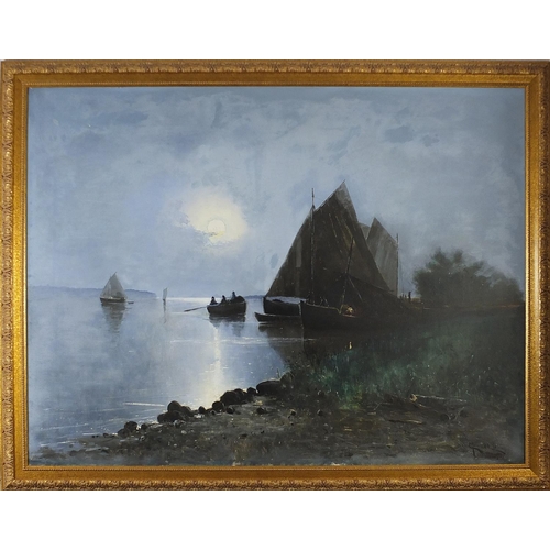 415 - Carl Brandt - Boats on moonlit water, oil on canvas, framed, 118cm x 90cm excluding the frame