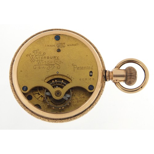 264 - The Waterbury Watch Co, ladies gold plated open face pocket watch with enamelled, dial housed in a v... 