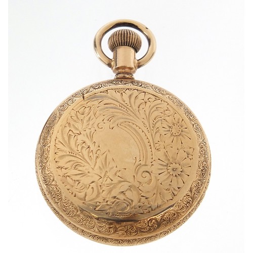 264 - The Waterbury Watch Co, ladies gold plated open face pocket watch with enamelled, dial housed in a v... 